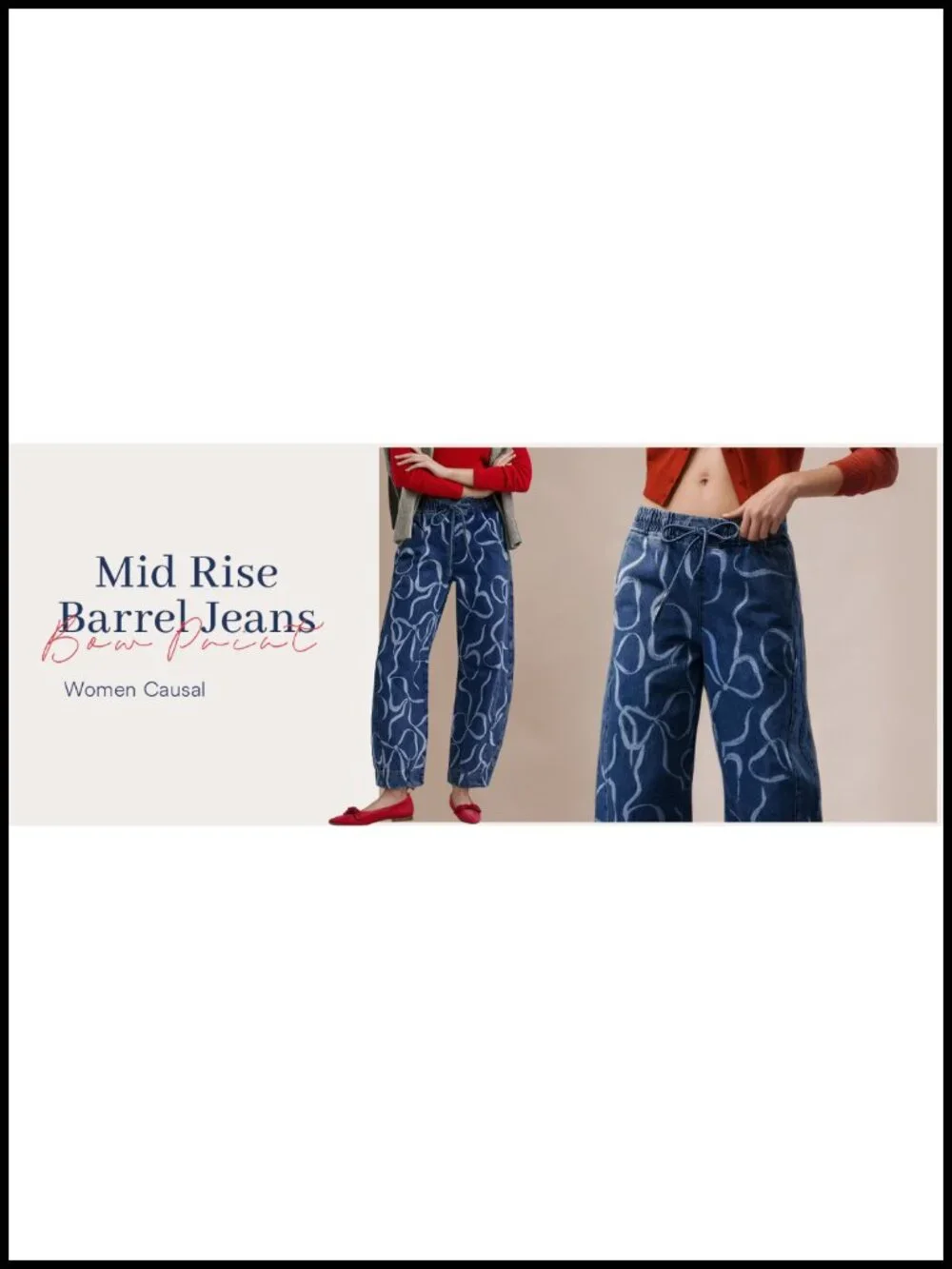 Mid Rise Bow Print Barrel Jeans Wide Leg Baggy Denim Pants with Pockets